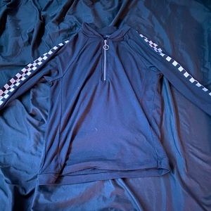 Black and White Checkered Long Sleeve Zip Up Top